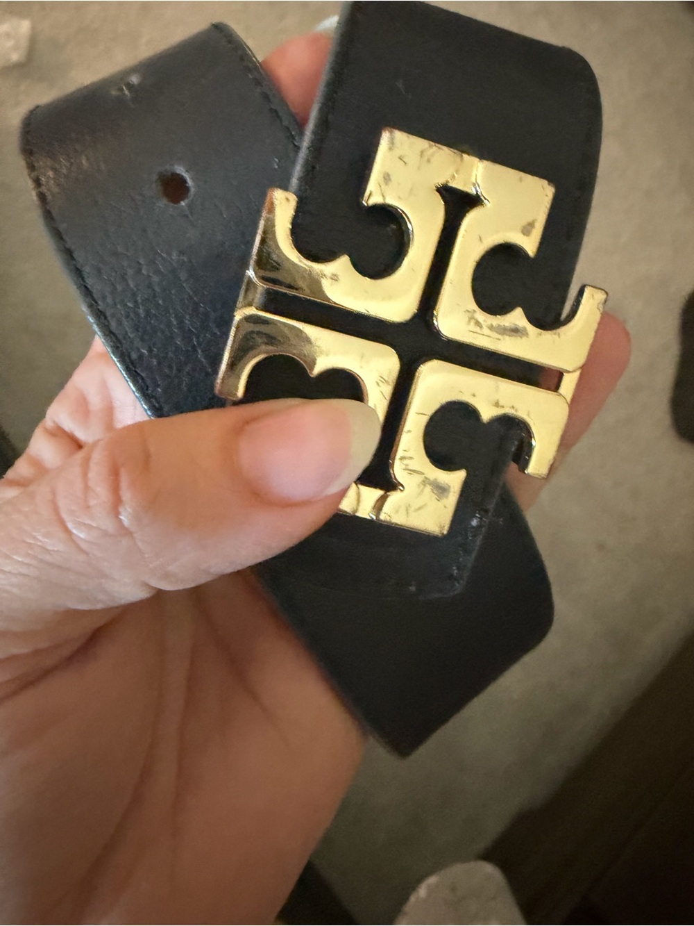 Tory Burch Black Leather Belt with Gold Double-T Logo Buckle
